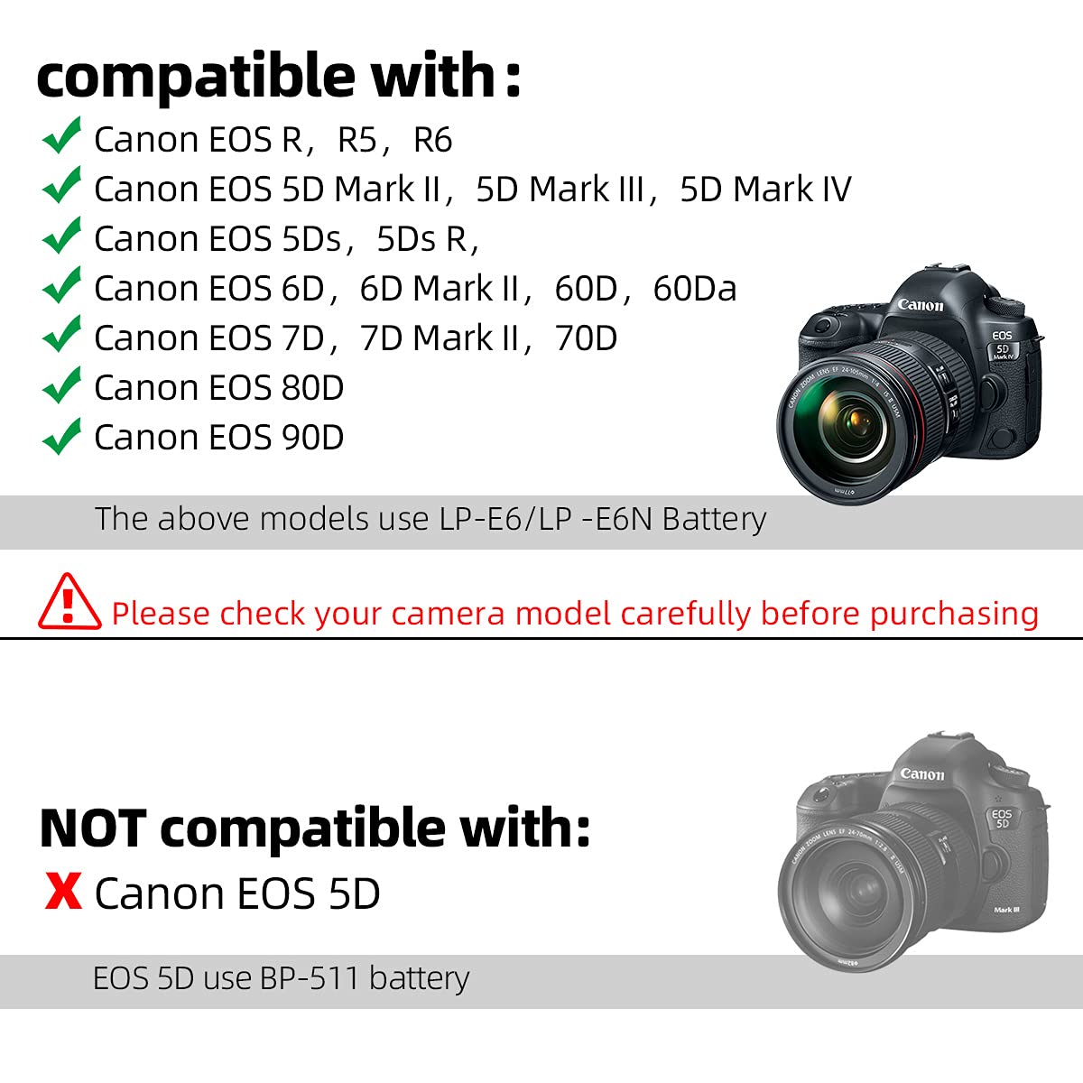 Glorich Dr E6 Dc Coupler Lp E6 Lp E6N Dummy Battery Ack E6 Ac Power Supply Adapter Kit For Cameras Canon Eos R7 R6 R5 R 90D 80D 7D Mark Ii 7D 70D 6D 60D 5D Mark Iv 5Ds, With Fully Decoded Smart Chip
